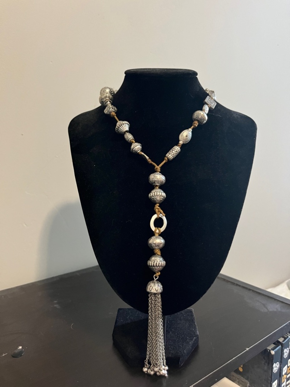 Chico's Sued Silver-Tone Beaded Tassel Necklace Western Style Necklace